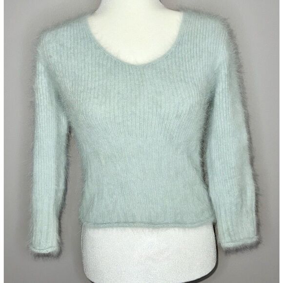 Vtg Express Angora Rabbit Hair Sweater V Neck Y2K Crop Fairy Fuzzy Soft Mint Med - Picture 1 of 13